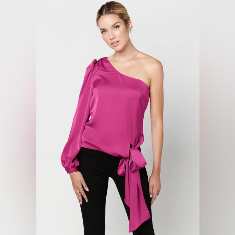 NWT Women’s Buffalo Satin One-Shoulder Blouse in Fuchsia Pink, Size S.
